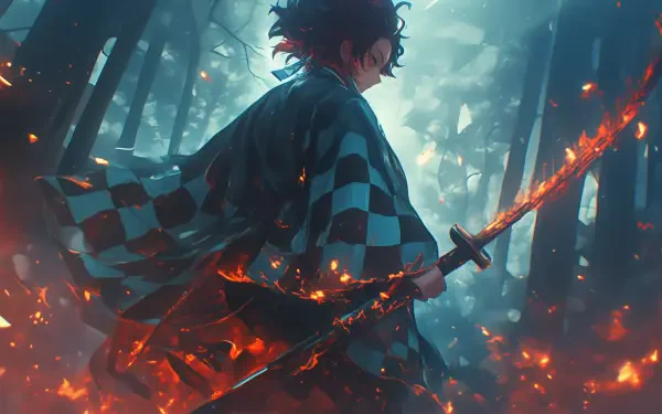 HD wallpaper featuring Tanjiro Kamado from Demon Slayer: Kimetsu no Yaiba, surrounded by flames and a forest backdrop, showcasing a dynamic anime aesthetic.