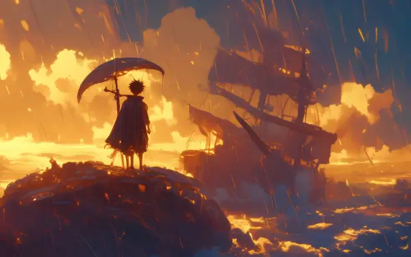 A vibrant HD wallpaper featuring Monkey D. Luffy from One Piece, standing under an umbrella amidst a rain-soaked landscape, with a ship in the background against a colorful sunset.