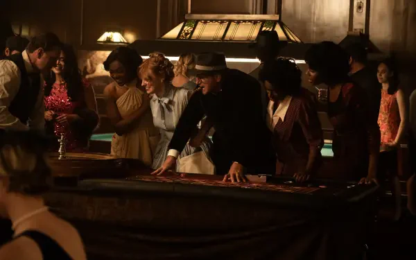A scene from the movie Queen of the Ring, featuring a group of elegantly dressed individuals gathered around a casino table in a vintage setting. 4K Ultra HD desktop wallpaper.