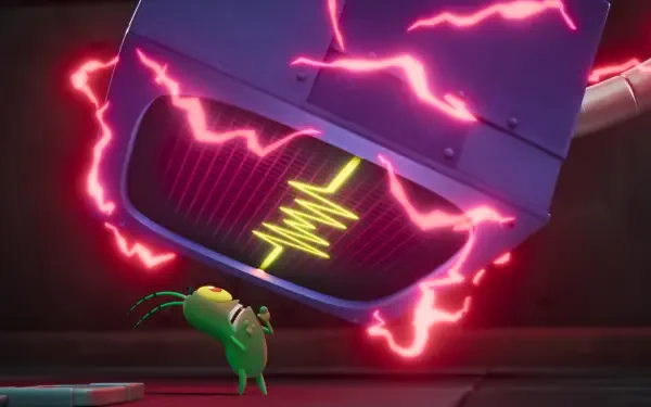 A vibrant HD wallpaper from Plankton: The Movie features Plankton in a tense moment, surrounded by bright, electric sparks and a menacing machine overhead.