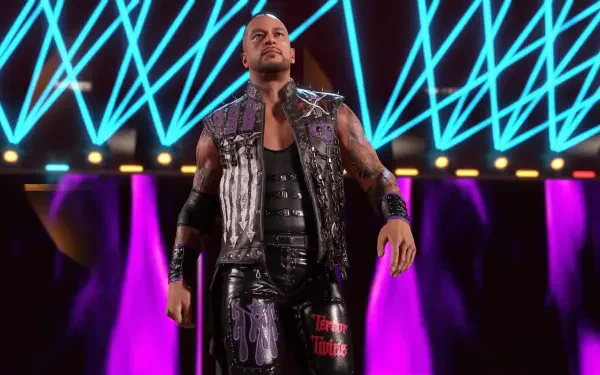 A dynamic scene from WWE 2K25 featuring a muscular wrestler in a stylish outfit, confidently walking onto the stage with vibrant blue and purple lighting in the background.