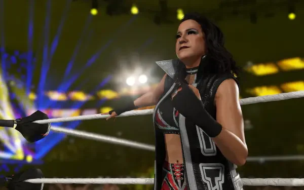 HD wallpaper from WWE 2K25 featuring a female wrestler confidently standing in the ring, surrounded by vibrant lights and an electrifying atmosphere.