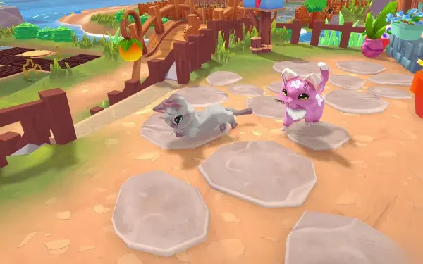 HD PC desktop wallpaper from the video game Sugardew Island, featuring colorful, playful animal characters on a sunny path near a cozy farm shop.