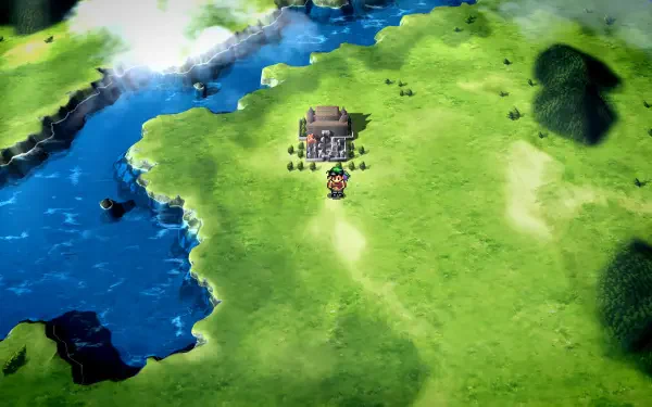 HD wallpaper showcasing a vibrant landscape from Suikoden I&II HD Remaster, featuring lush greenery and a tranquil river, capturing the essence of the Gate Rune and Dunan Unification Wars.