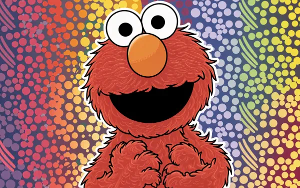 Bright and cheerful Elmo from Sesame Street stands against a vibrant, colorful background in this 4K Ultra HD desktop wallpaper, adding a playful touch to any screen.
