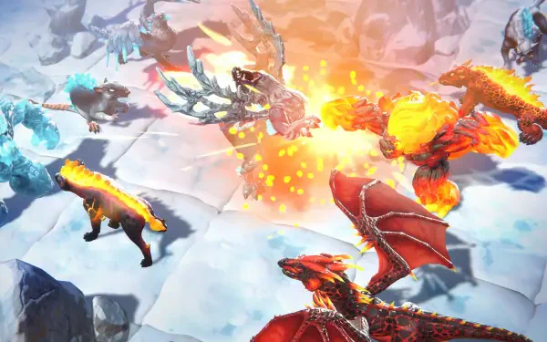 A dynamic scene from the video game Eldrador Creatures Shadowfall, showcasing vibrant battles between mythical creatures. A visually striking 4K Ultra HD wallpaper.