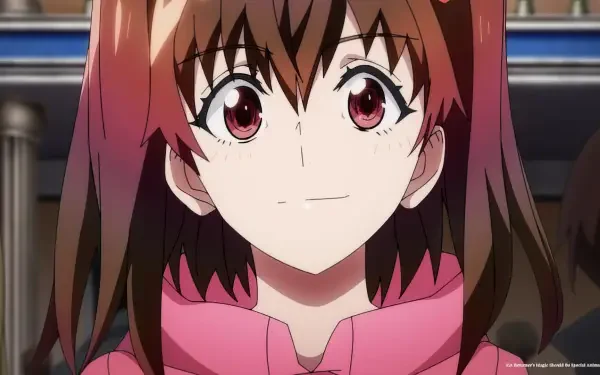 A vibrant HD desktop wallpaper featuring a character from A Returner's Magic Should Be Special, showcasing a smiling girl with striking red eyes and long brown hair.