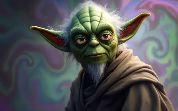 A detailed illustration of Yoda, featuring his iconic green skin and large ears, set against a colorful, abstract background, designed as a 4K Ultra HD PC desktop wallpaper.