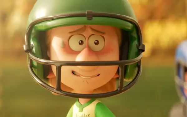 A character from the movie Win or Lose smiles in a green sports helmet, featured as a high-definition PC desktop wallpaper and background.