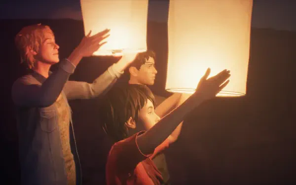 Three characters from the video game Life Is Strange 2 release glowing lanterns into the night sky, capturing a poignant moment of hope and connection. HD wallpaper for PC.