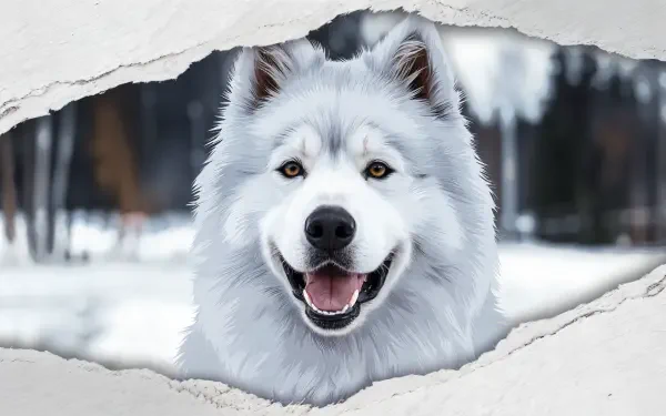 A smiling Samoyed dog with fluffy white fur stands against a snowy background, captured in this vibrant 4K Ultra HD desktop wallpaper.