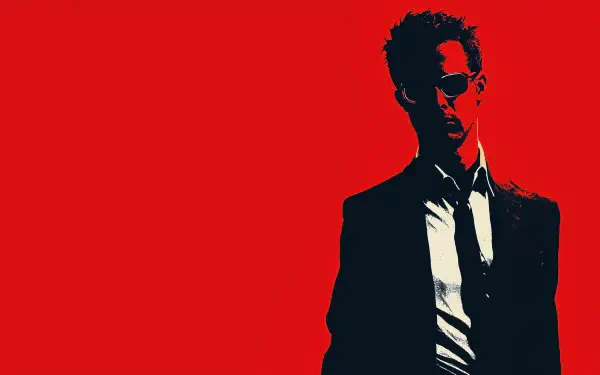 A bold HD desktop wallpaper featuring a character from the movie Fight Club, standing against a striking red background, exuding an intense and edgy vibe.