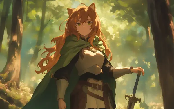 Raphtalia, from *The Rising of the Shield Hero*, stands confidently in a serene forest, her flowing hair illuminated by soft sunlight as she holds a sword, embodying strength and determination.