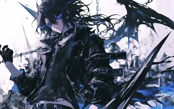 A striking HD desktop wallpaper featuring a gothic anime character with long, flowing hair, clad in a dark leather outfit, surrounded by dramatic chains and abstract backgrounds.