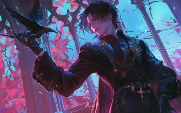 A gothic anime character in a dark outfit holds a raven amidst a backdrop of vibrant red leaves and ethereal blue light, creating a striking HD desktop wallpaper.