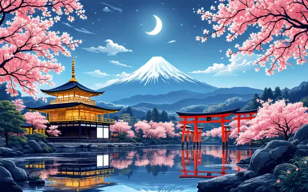 A serene nighttime scene in Kyoto features cherry blossoms, a traditional pagoda, and a torii gate reflected in calm waters, with Mount Fuji illuminated under a crescent moon.