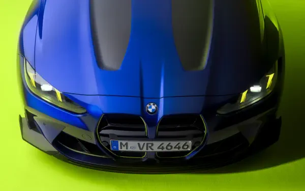 Front view of a blue BMW M4 CS Edition VR46 on a vivid lime-green background, high-detail 8K Ultra HD PC desktop wallpaper.