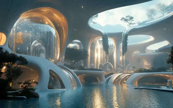 A stunning sci-fi scene featuring futuristic architecture with flowing water, illuminated structures, and lush greenery, presented as a 4K Ultra HD desktop wallpaper and background.