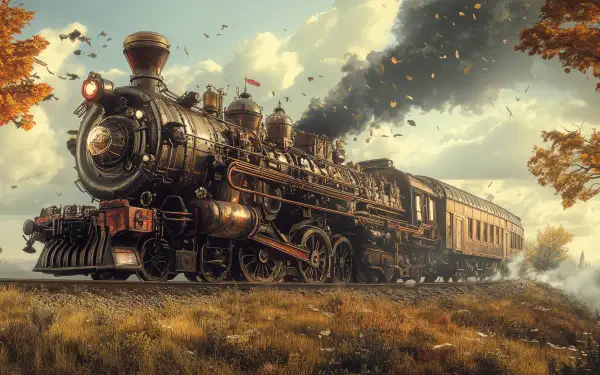 A stunning steam train chugs through a picturesque landscape, surrounded by vibrant autumn trees. This detailed 4K Ultra HD wallpaper captures the essence of nostalgic rail journeys.