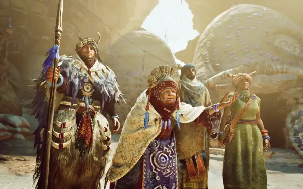 A group of characters from Monster Hunter stands together in a desert landscape, showcasing detailed armor and vibrant costumes, set against a backdrop of large, mysterious creatures.