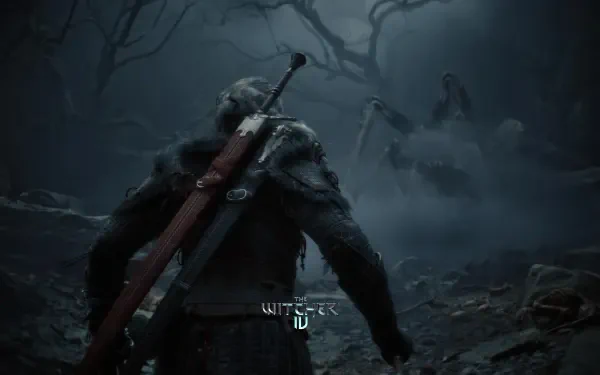 A dark, atmospheric scene from The Witcher IV, featuring a character with a sword navigating a mysterious landscape, set against a backdrop of twisted trees and fog. 4K Ultra HD quality.