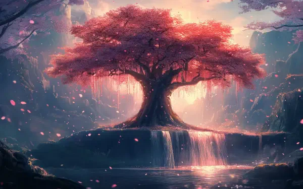 A stunning cherry blossom tree stands majestically by a serene river, with cascading waterfalls and a dreamy, ethereal ambiance—an enchanting HD desktop wallpaper.