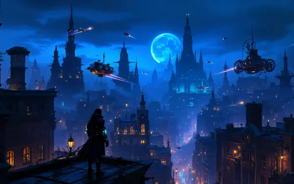 A stunning night view of a cityscape under a blue moon, featuring futuristic ships and illuminated buildings, captured in vibrant 4K Ultra HD.