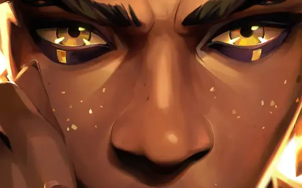 Close-up 4K Ultra HD PC wallpaper of Mel Medarda from the TV show Arcane, showcasing her intense golden eyes and detailed facial features.