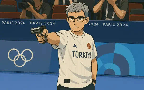 An animated character in a white shirt with TÜRKİYE stands confidently holding a gun, set against a backdrop of the Paris 2024 Olympics. Studio Ghibli-inspired meme.