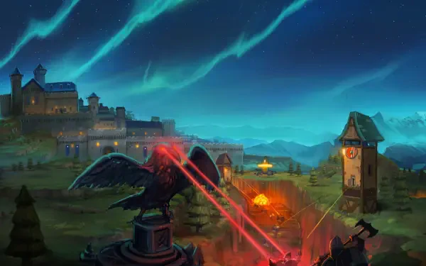 A vibrant HD wallpaper from the video game Nordhold, featuring an illuminated landscape with laser beams cutting through the night sky, set against a medieval-style backdrop.