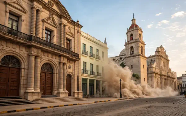 A lively street scene featuring stunning colonial architecture, capturing the charm of historic buildings with dust swirling in the air in a vibrant 4K Ultra HD wallpaper.