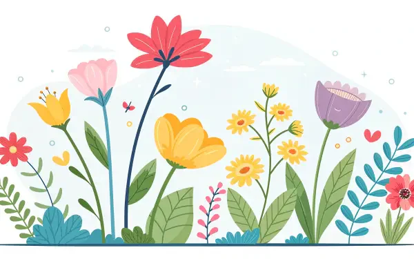A vibrant collection of spring flowers in a colorful, illustrated style, perfect for a 4K Ultra HD desktop wallpaper or background.