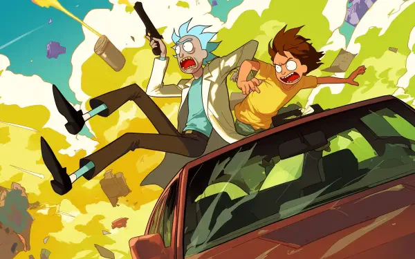 Rick Sanchez and Morty Smith leap from a car, surrounded by explosions, in this vibrant HD wallpaper from the TV show Rick and Morty.