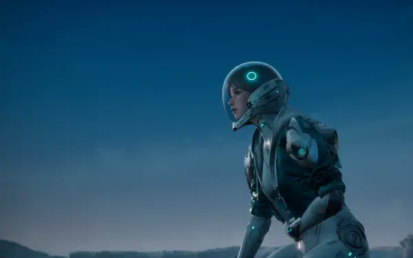 A futuristic character in a sleek, armored suit stands against a twilight sky, showcasing stunning visuals from the video game The First Descendant in 4K Ultra HD.