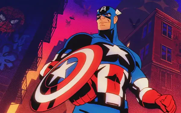 Captain America stands heroically with his shield, set against a vibrant backdrop from the MARVEL Cosmic Invasion video game, showcasing an engaging HD PC desktop wallpaper.