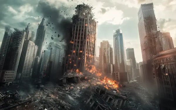 A post-apocalyptic cityscape shows towering skyscrapers in ruins, engulfed in flames and debris, capturing the aftermath of a devastating earthquake. HD wallpaper for desktop use.