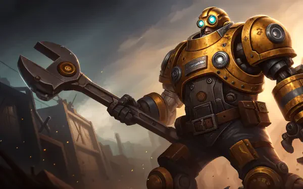 Blitzcrank from League of Legends stands tall in this 4K Ultra HD wallpaper, gripping a giant wrench against a dramatic, industrial background.