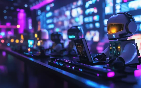 A vibrant HD wallpaper featuring robotic characters gaming in a dimly lit arena, surrounded by screens, capturing the essence of Roblox and digital gaming culture.