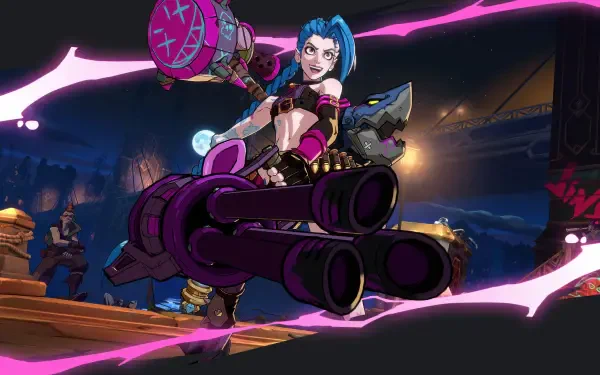 A colorful 4K Ultra HD desktop wallpaper featuring Jinx from League of Legends, holding a large weapon and striking a playful pose against a vibrant, action-filled background.