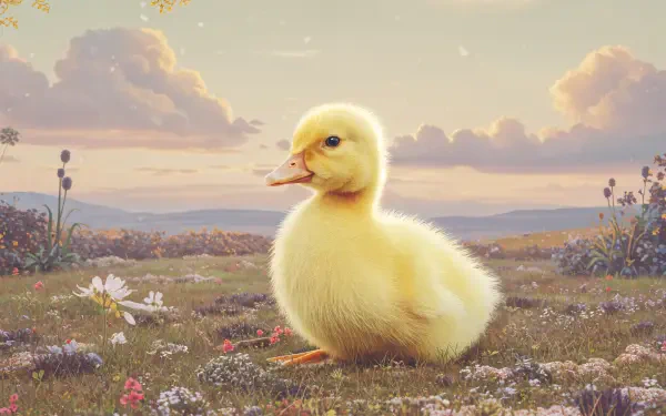 A cute duckling sits in a vibrant meadow filled with flowers under a pastel sky, captured in stunning 4K Ultra HD quality, perfect for a desktop wallpaper.