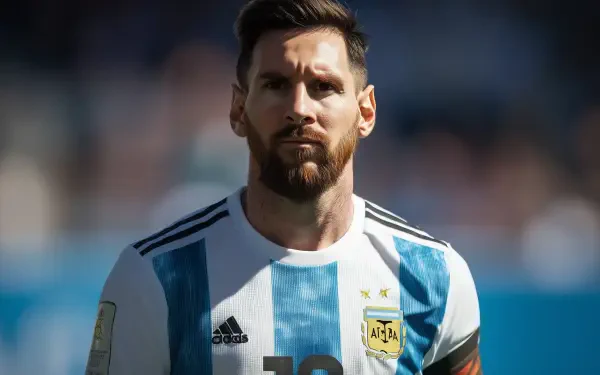 Lionel Messi, wearing the Argentina National Football Team jersey, gazes intently, capturing the spirit of soccer. An HD desktop wallpaper celebrating sports and national pride.