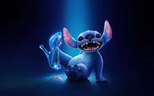 Colorful 8K Ultra HD wallpaper featuring Stitch from Lilo & Stitch (2025), playfully posing with a sparkling shoe against a vibrant blue backdrop.