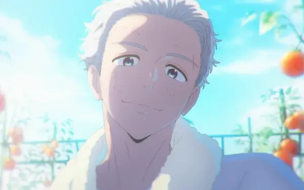 HD anime wallpaper featuring Hajime Umemiya from Wind Breaker against a bright, sunny sky with floating oranges in the background.