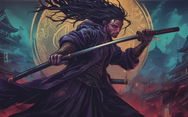 A dynamic samurai wields a katana, set against a dramatic backdrop of a glowing moon and traditional architecture, creating an engaging HD PC desktop wallpaper.