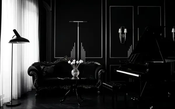A sleek black aesthetic interior featuring a grand piano, an elegant couch, a vase of white flowers, and stylish lighting, captured in stunning 4K Ultra HD. Perfect for a desktop background.