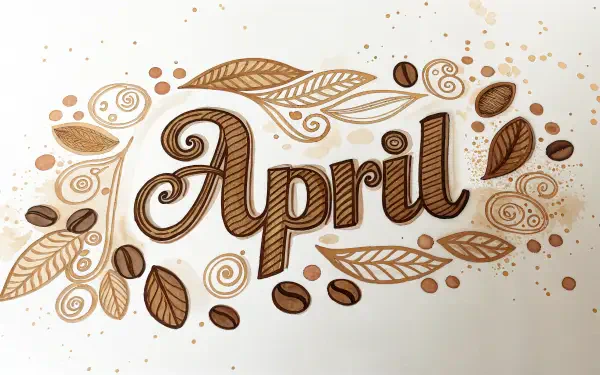 A decorative design featuring the word April surrounded by swirling leaves and coffee beans, set against a light background, suitable as a 4K Ultra HD desktop wallpaper.