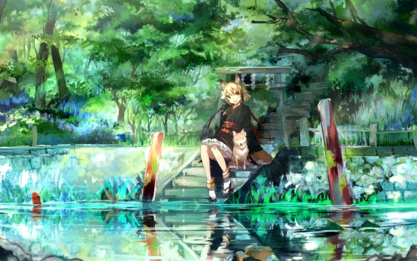 A serene HD anime wallpaper featuring a character with animal ears sitting by a tranquil pond surrounded by lush greenery and vibrant flowers, creating an original and enchanting atmosphere.