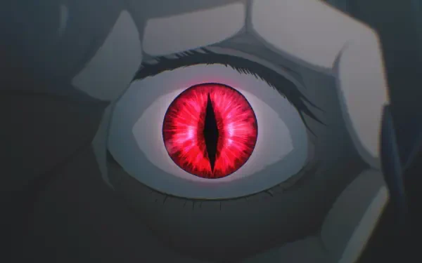 Close-up of a striking red anime eye, framed by a hand, capturing the essence of Kijin Gentōshō. This HD wallpaper showcases detailed anime eyes, perfect for desktop backgrounds.