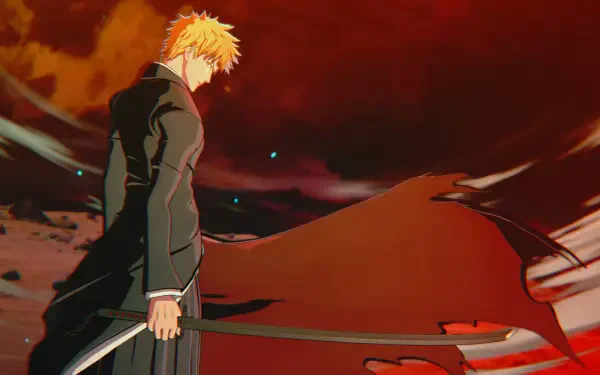 Ichigo Kurosaki stands poised with his sword against a dramatic red backdrop in this HD wallpaper from the video game Bleach: Rebirth of Souls, capturing an intense moment of action.