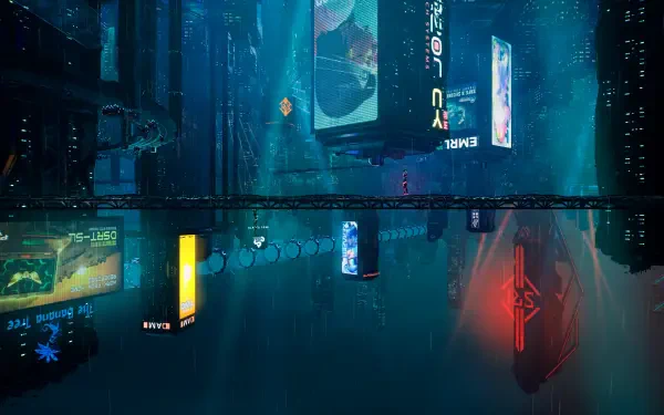 A 4K Ultra HD cyberpunk cityscape from the sci-fi video game Split Fiction, featuring neon-lit skyscrapers and futuristic holographic advertisements.